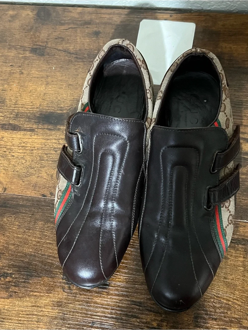 Gucci Brown GG Canvas & Dark Brown Leather Slip-Ons with Red-Green Stripe